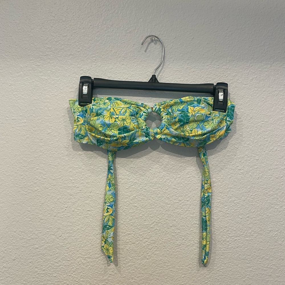 Green and yellow tropical print bandeau bikini top
